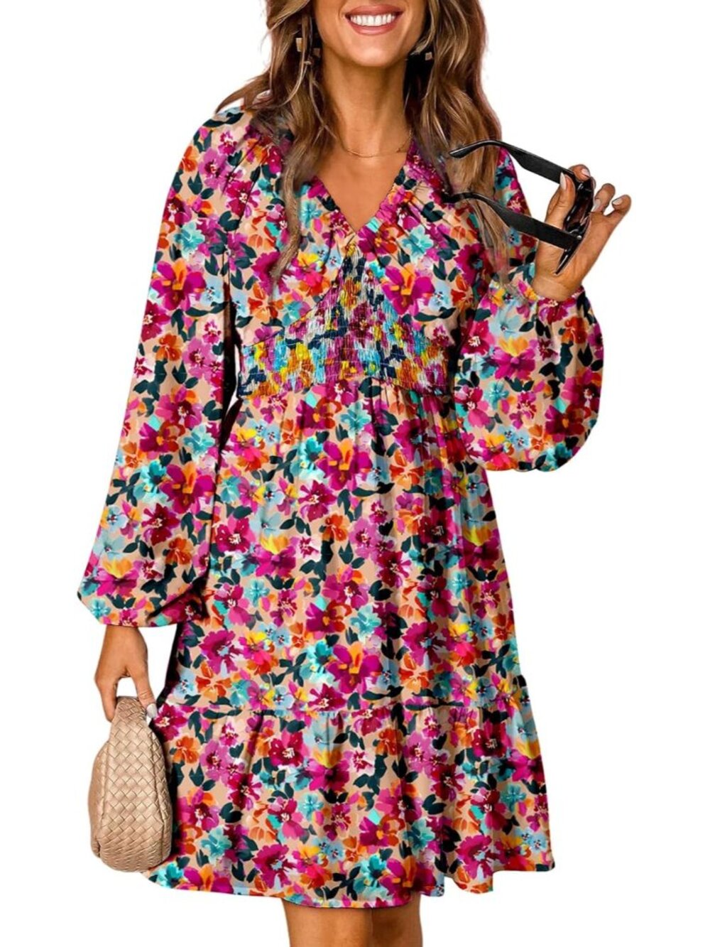 Boho Chic Women's V-Neck Smocked Long Sleeve Dress